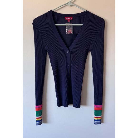 NWOT Staud Cargo Navy Multi Ribbed Cardigan Size Small - Picture 2 of 5